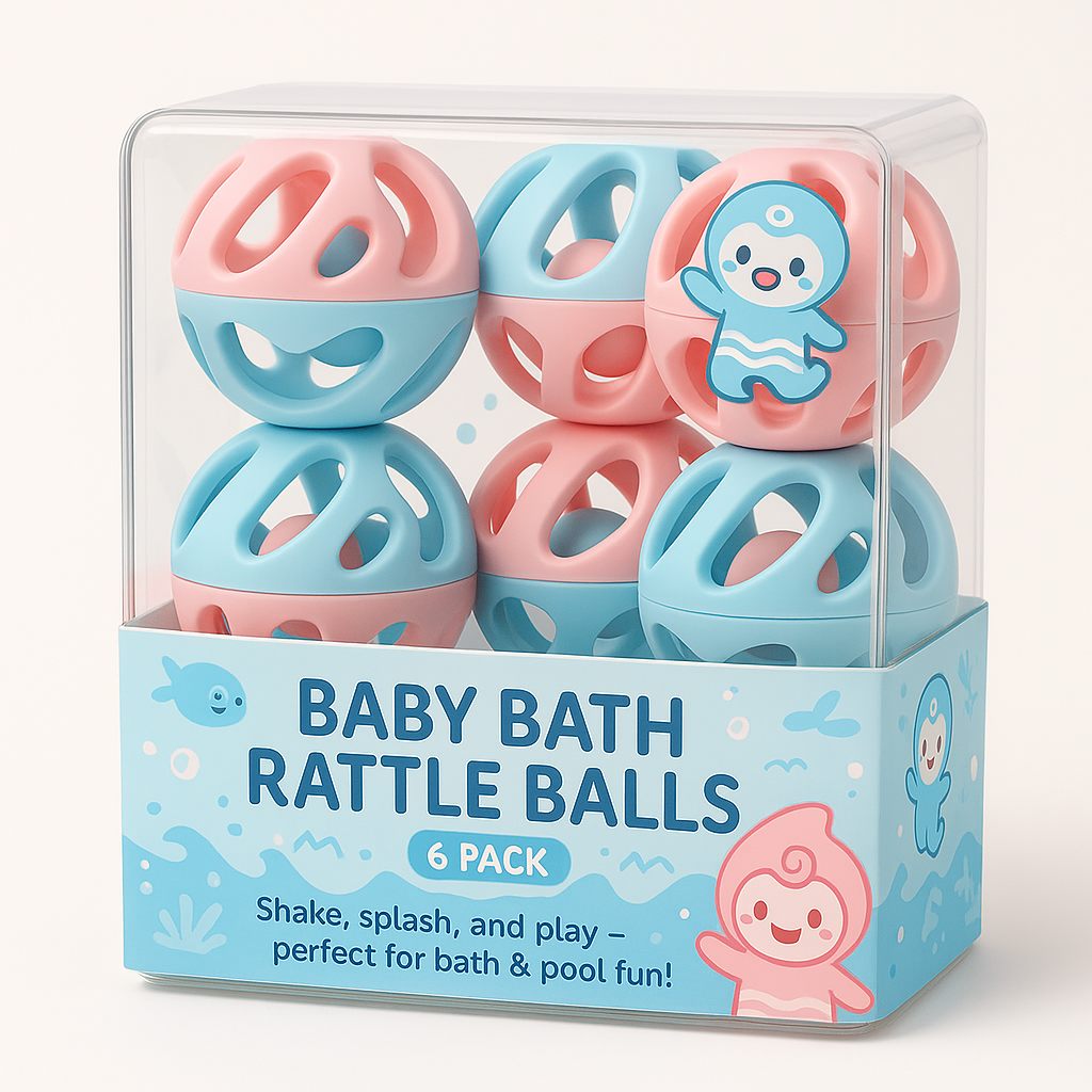 Baby Bath Rattle Balls – 6 Pack | Pastel Blue & Pink Sensory Bath Toys